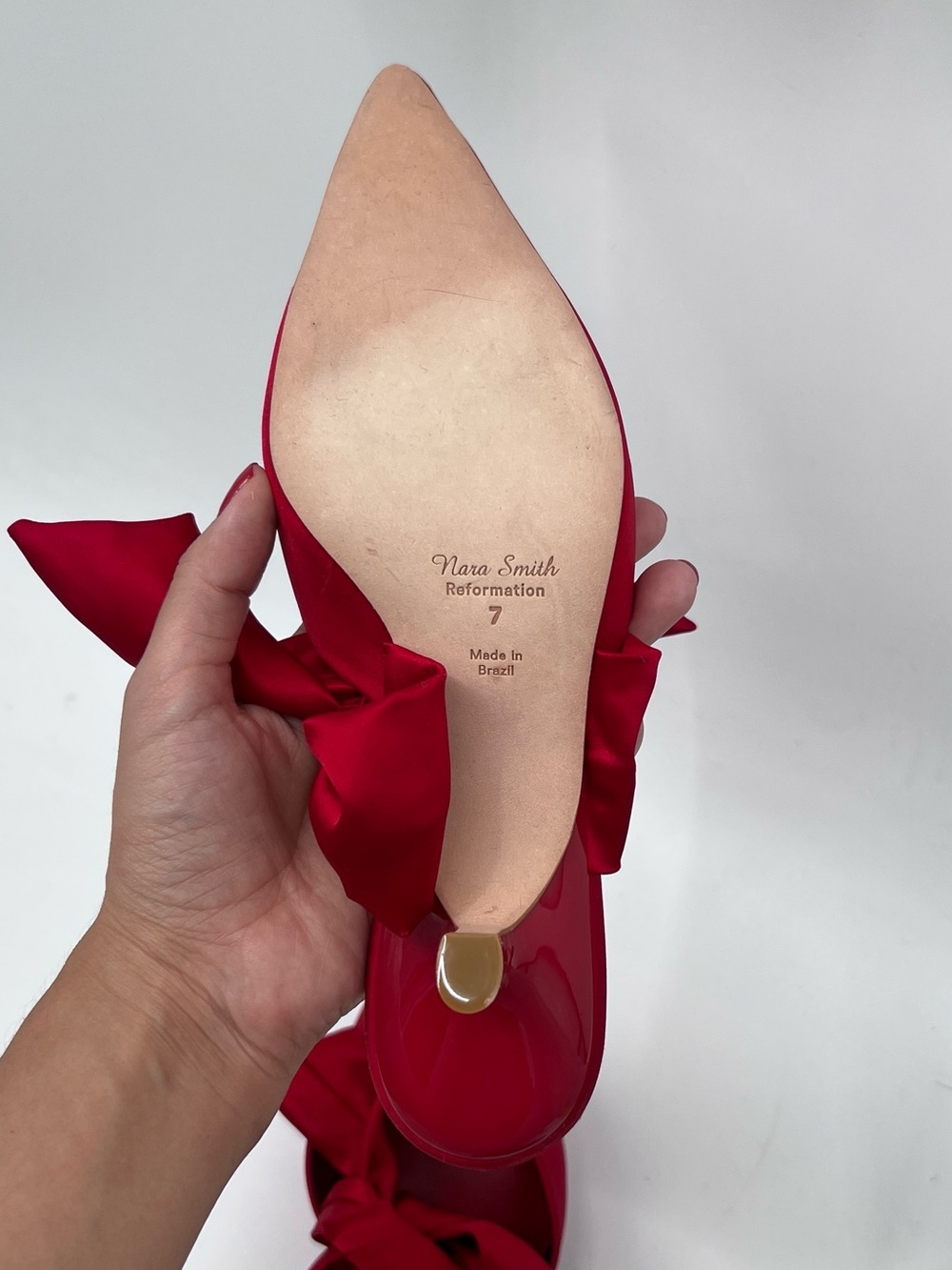 Reformation Red Show Nara Smith Red Holiday Milk Glass Heeled Mule Bow size 7 - Picture 8 of 8